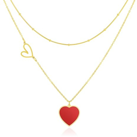 Linawe Collar con colgante en forma de corazón rojo para mujer, cadena dorada, collar con colgante, cadena dorada con corazón, joyería de acero inoxidable, bisutería para mujer
