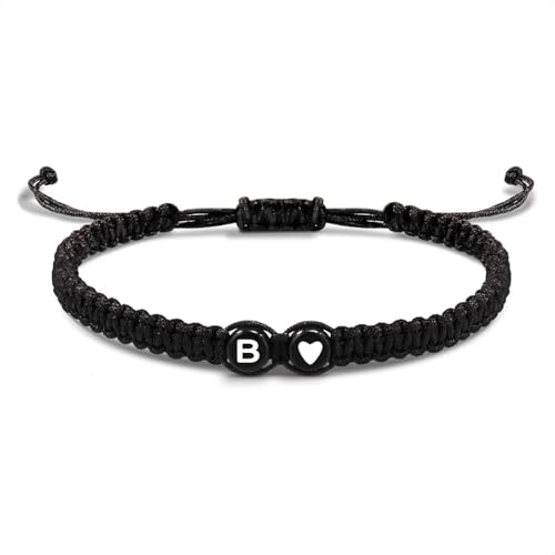 EVEMATE Bracelet with Letter and Heart for couples and friends - Initial A-Z name - Braided friendshipband for women, men and Children (B)