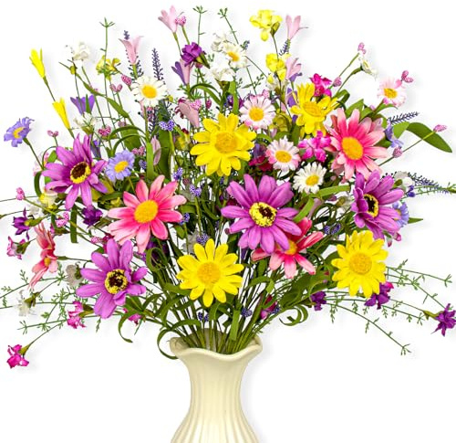 Yawwind 12 PCs Colorful Spring Flowers 17 Inches Spring Floral Stems Rustic Wildflower Bouquet Summer Flower Picks with Daisy for Vase Table Indoor Wedding Party