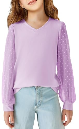 Haloumoning Camicia Manica Lunga Ragazze Maglione Scollo A V T-Shirt Manica Lunga Camicetta Casual Camicetta Ampia Tempo Libero Carino Soft Top per Bambini Swiss DOT Tops, Lilla, 10-12 Anni