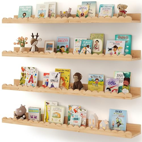 Shario Nursery Book Shelves, 4-Pack Wood Floating Shelves for Wall Kids, Scalloped Shelves, Wall Book Shelves for Bedroom Kids, Toddler Room, Baby Room, Nursery Decor(Wood, 36 Inches)