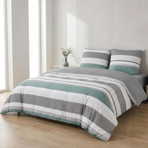 Nesture Bettwäsche 200x200 Salbeigrün, Bettwäsche-Sets mit Gestreift Muster Microfaser Bettbezug 200 x 200cm 3 Teilig bügelfrei & weich - 1 Wendebettwäsche und 2 Kissenbezug 80x80 mit Reißverschluss