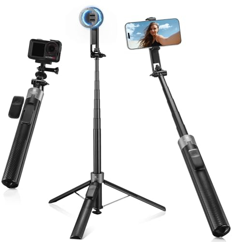 K&F CONCEPT 180cm Trépied iPhone Mag-Safe, 3-en-1 Perche Selfie Magnétique+Clip avec Télécommande, Trépied Smartphone Rotatif à 360°, Compatible avec iPhone 17-12 et Android, Accessoires à vis 1/4