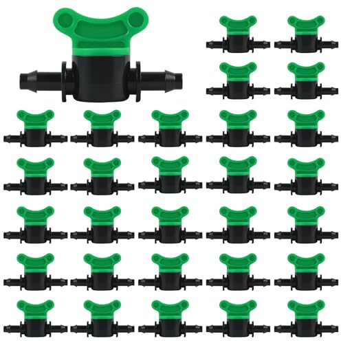 1/4 droppbevattningsventiler, TOROKOM droppslangventiler med krok Trädgårdsavstängningsventil för 4/7 mm rör Vattenflödesreglering Droppslangdelar Avstängningsventil Bevattningssystem (30 st)