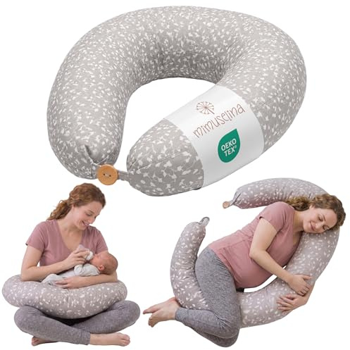 MIMUSELINA Cojin Lactancia y Embarazo 100% Algodón | Extra Grande y Mullido | 200 x 70 cm | Almohada Embarazada, Lactancia y Nido de Bebé | Funda Desenfundable y Lavable | Gris con Flores