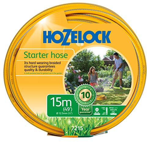 HOZELOCK - Starter Hose ø 12,5mm (1/2) 15m : Versatile, UV-resistant Garden Hose, 4-layer Braided Reinforced Hose, UK Made, General Purpose, Hard Wearing, 10 Year Guarantee* [7215P0000]