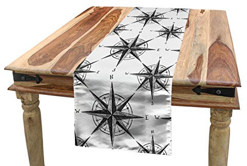 ABAKUHAUS Kompass Tischläufer, Monochrome Windrose, Esszimmer Küche Rechteckiger Dekorativer Tischläufer, 40 x 180 cm, Grau Weiß