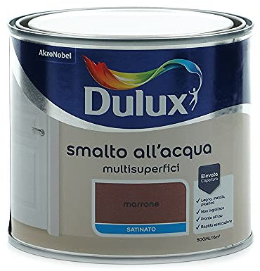 Dulux Smalto Satinato All'Acqua Per Metallo Plastica E Legno Pronto All'Uso Per Esterni E Interni, Marrone, 0.5 Litri