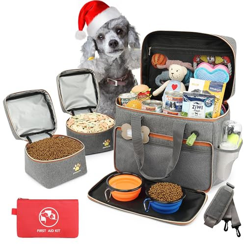 Pmpete Dog Travel Bag for Traveling| Week Away/Overnight Dog Travel Accessories with Multi-Function Pockets| Travel Set for Dogs and Cats|Ideal Pet Diaper Bag and Pet Gift Kit(Grey)