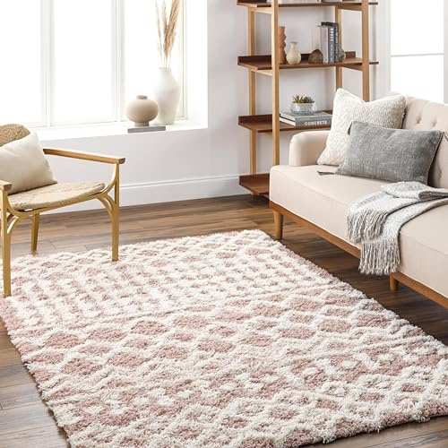Livabliss Nour Dubai Shaggy Carpet 200x290 cm – Modern Berber Style for Living Room & Bedroom, Soft Plush Thick Pile, Easy Care Floor Covering, Dusty Pink White