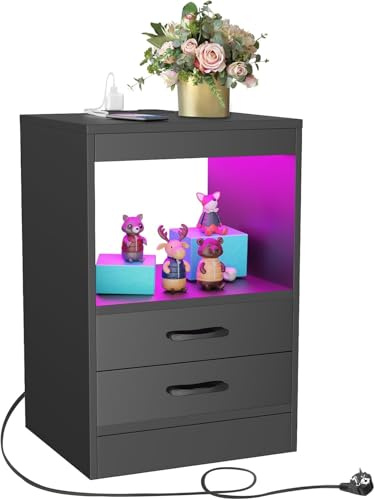 Sängbord med LED, 2 lådor nattduksbord, 1 högblank fällbart lock i ljust trä sidobord med 16 RGB LED-lampor för vardagsrum, sovrum (40x35x60 cm)