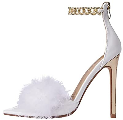 Women's Sandals with Heel Elegant Flat Shoes with Thin Heels and Fluffy Summer Shoes High Heels Gold Chain Ankle Strap Evening Shoes High Heel Stiletto Heel for Business and Wedding, White, 8