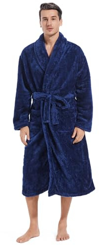 Inner Wish Mens Plush Fleece Robe, Highly Absorbent Cozy Warm Bathrobe Fuzzy Male Spa Long Robe With Pockets, NAVY BLUE, L/XL