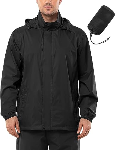Outdoor Ventures Mens Lightweight Waterproof Jackets, Packable Rain Jacket Breathable Windproof Raincoat Adjustable Hiking Outdoor Jacket Black XL