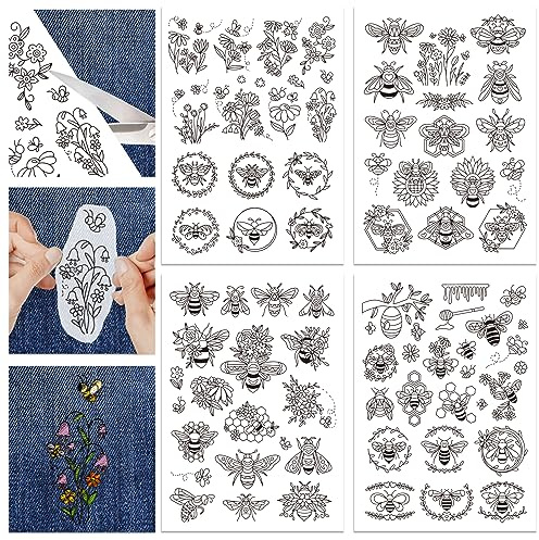GLOBLELAND 4 Feuilles Motif Fleur et Abeilles Soluble dans L'Eau Broderie Main Couture Stabilisateurs pour Tissu Stitch Practice Broderie Autocollants Wash Away Stabilisateurs pour Débutants