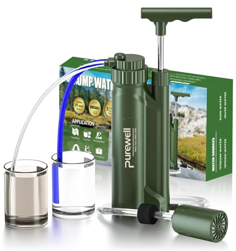 Purewell Portable Water Filter Pump, RO Membrane Survival Pump, 0.0001 Micron Water Filtration System, 3 Filter Stages, Water Purifier for Hiking, Camping, Emergency, and Outdoor Activities