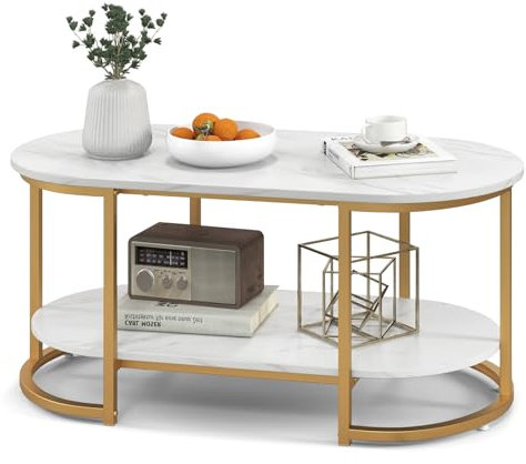 COSTWAY Faux Marble Coffee Table, Modern 2-Tier Center Table with Wide Tabletop & Open Storage Shelf, Gold Frame Oval Cocktail Table for Living Room Bedroom (White + Gold)