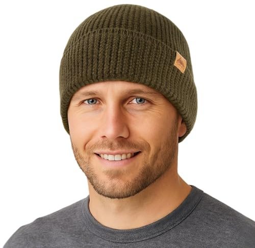 TOP-EX Large Winter 100% Merino Wool Beanie Hat Men Women for Big Heads Warm Thermal Wooly Hats for Running Golf Cold Weather Green XL/XXL