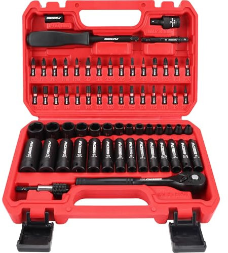 64-Piece 1/4 Drive Impact Socket Wrench Driver-Bits Set, Cr-V Metric&SAE Deep and Shallow Socket Set, S2 Power Bits with Quick-Release Ratchet Handle, Universal Joint, Bit Holder, Power Drill Adapter