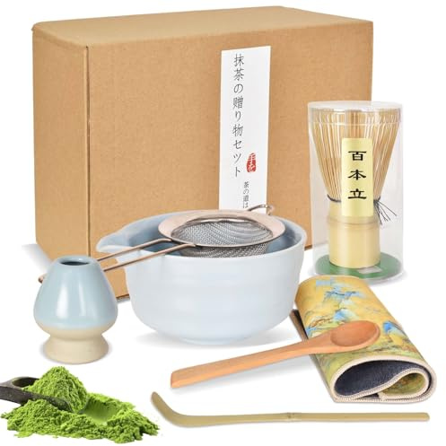 7 Pezzi Set da tè Matcha, Set da tè Matcha in Ceramica, Kit per Preparare il Matcha con Ciotola per Matcha, Frusta per Matcha, Portafrusta, Strofinaccio, 2 Cucchiaio, Colino, per Gli Amanti del Tè