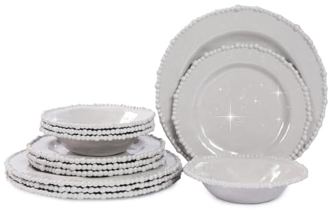 Lechoo Grey Pearl 12-Piece Melamine Dinnerware Set - Unbreakable Plastic Plates & Bowls, Service for 4, Dishwasher Safe, Lightweight Shatterproof Tableware for Indoor/Outdoor Use