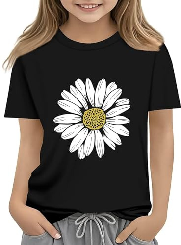 Tee Shirt Manche Courte Enfant Fille été Fleur Fashion Mignon Tunique T Shirt Ado Fille Chic Pas Cher Confortable Leger Casual Sport Jogging Haut Top 3-13 Ans (Black, 12-13 Years)