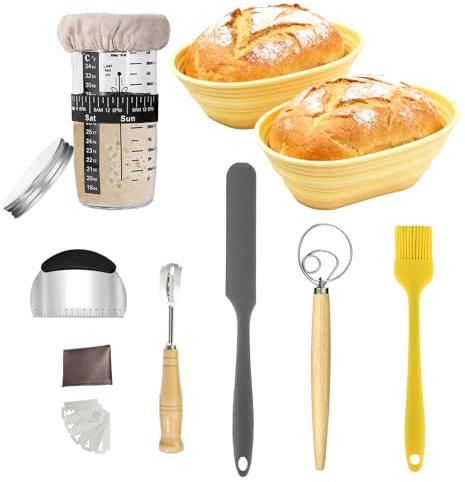 Yumzxin Sourdough Starter Kit for Beginners with 22oz Jar, 2 Silicone Proofing Baskets, Dough Scraper, Lame - Complete Artisan Bread Baking Supplies Set