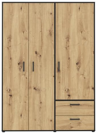 Forte MONISSA Kleiderschrank 140 150, moderner Drehtürenschrank, 3-türig, 2 Schubladen, Holzwerkstoff, Artisan Eiche Holzdekor|Schwarz, 144,4 cm breit x 200,1 cm hoch x 59 cm tief