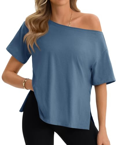 Cicy Bell Womens One Shoulder Tops Summer Short Sleeve Side Split T Shirts