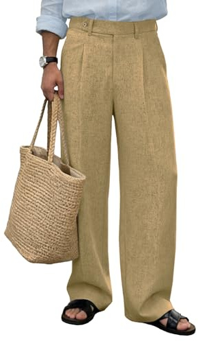 FEDTOSING Mens Linen Casual Dress Trousers Baggy Pleated Old Money Wide Leg Slacks Relaxed Fit Lightweight Work Pants