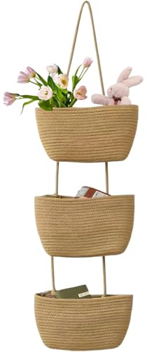 HapSmile Wall Hanging Cotton Baskets，3-Tier Woven Hanging Storage Baskets, Cotton Rope Storage Organiser, Khaki Over The Door Organizer for Living Room, Bedroom, Kitchen