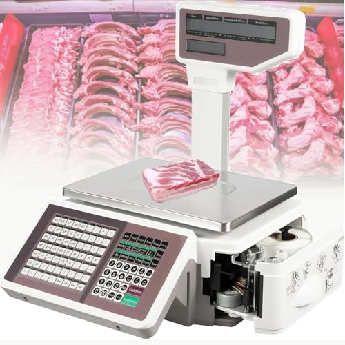 Balance Étiqueteuse Commerciale 30kg/66lb à Double Écran LCD | Impression Code-Barres et Tickets, Pesage Haute Précision (10g), Touches Programmables pour Supermarché, Magasin, Boulangerie