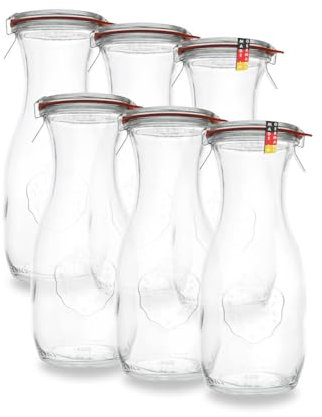 WECK 6er-Pack 1000ml Saftflasche Set - 1L Glasflaschen - Ideal für Getränke, Liköre, Säfte, Dressings & Mehr, Flaschen mit Deckel und Dichtung - Pflegeleicht & Spülmaschinenfest