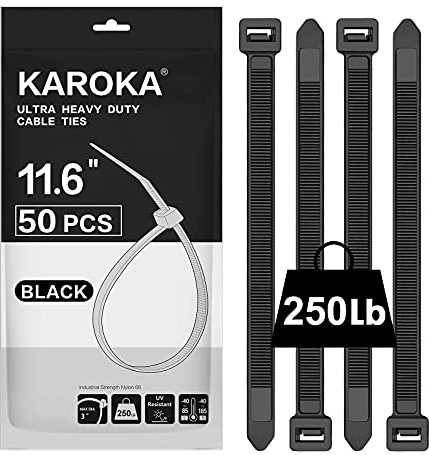 Industrial Zip Ties Heavy Duty with 250 lbs Tensile Strength, 11.6 inch, Electrical Cable Ties Heavy Duty, 50 Pieces, Wide and Thick Zip Ties, by Karoka