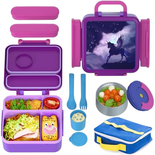 HAIXIN Bento Box for Kids - Insulated Lunch Box for Hot Food, Leak-Proof Lunch Box with Cutlery and Snack Boxes Storage, 4-Compartments Lunch Container Portable for School Outdoors Office (Purple)