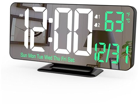 KOSUMOSU Desk Clock 6.7in Black Digital Alarm Clock with Dual Alarm, Dimming, Date, Day of Week, Temp, 12h 24h, Digital LED Clock for Table Decor, Digital Calendar Mirror Clocks Essentials
