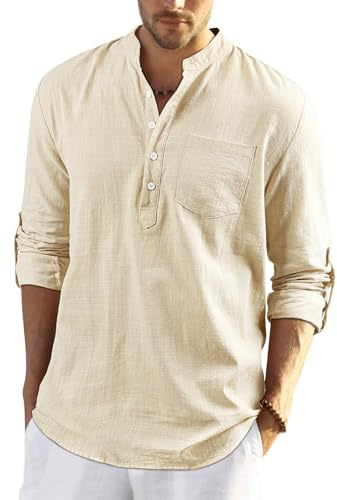 Enlision Mens Beige Cotton Linen Shirts Long Sleeve Shirt Button Down Collarless Shirts Lightweight Casual Plain Tops for Men XL