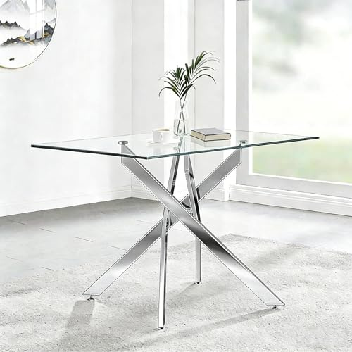 GOLDFAN Tempered Glass Dining Table, Modern Rectangular Dining Table Kitchen Table with Chrome Leg for Home Office Lounge,120CM*70cm(Table Only)