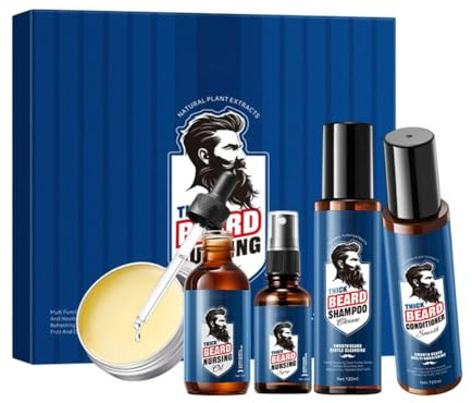 Wenrny Beard Care Kit Gifts for Men,5 Pcs Men's Beard Care Oil Set with Wash,Conditioner,Oil and Balms for Cleansing,Strengthens,Repair and Softens Mustaches,Gift for Him,Dad,Husband,Boyfriend