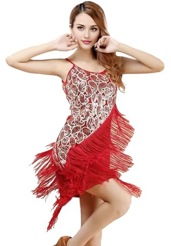 Baisdan Women's Sequin Tassels Fringe Flapper Dresses 1920s Sleeveless Spaghetti Straps Latin Dance Dress Red