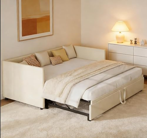 Sofá cama extensible 90/180 x 200 cm, cama tapizada con función de dormir, sofá cama plegable con somier, cama juvenil de 2 plazas, terciopelo, sin colchón (beige)