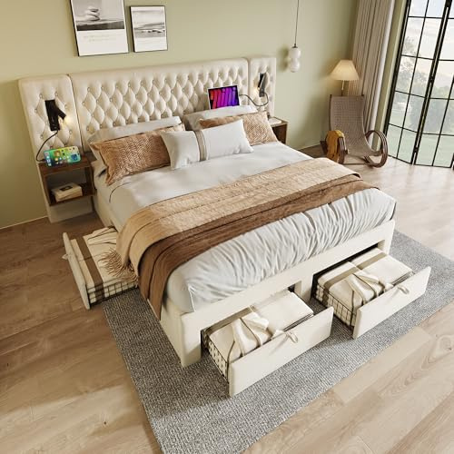 Kelodan Bettanlage 180×200cm Schlafzimmer Komplett Set Polsterbett Doppelbett mit 2 Nachttischen und 4 Schubladen Kopfteil Leselicht mit USB Ladefunktion Beige Samt (Ohne Matratze)