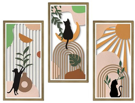 KiKiHong 3 Piezas Decoración de Pared de Madera con Gatos,Cuadros de Madera Modernos,Decoración de Dormitorio Estilo Boho para Cocina Entrada,40x20cm