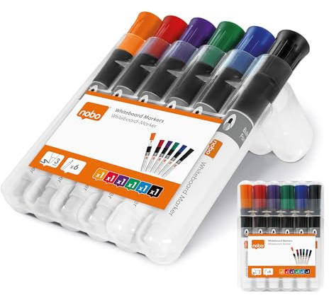 Nobo Whiteboard Markers – Pack of 6 Assorted Colour Dry Wipe Pens with 2-3mm Bullet Tip & Low Odour Ink in Sturdy Plastic Case with Secure Closure – Suitable for Home, Office & School Use