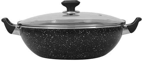 Sonex - 40cm Cooking Wok Karahi Kadhai with Glass lid and Spoon, 3-Ply Marble Non-Stick Coating, Aluminium, Suitable for Induction Cookers/Stoves, Cool-Touch Bakelite Handle