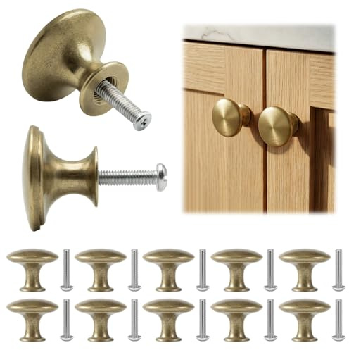 Witflew 12PCS Vintage Cabinet Knobs, 30mm Round Drawer Knob Pulls, Antique Brass Door Knobs Furniture Handles with Screws for Kitchen, Wardrobe, Cupboard, Cabinet