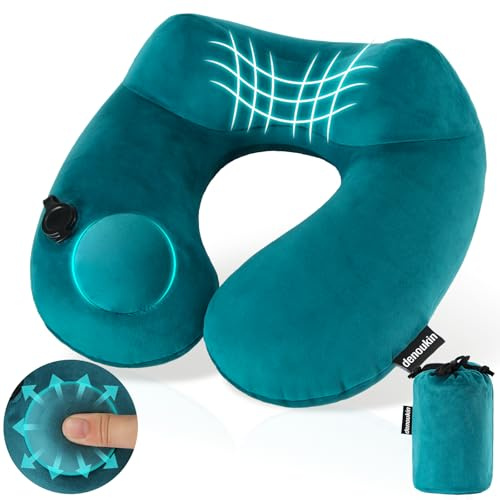 denoukin Inflatable Neck Pillow for Travel with Built-in Pump Lake Blue | Ergonomic Contour Support, Soft Plush Washable Cover & Carry Pouch, Compact and Light for Airplane, Car, Train, work Sleeping