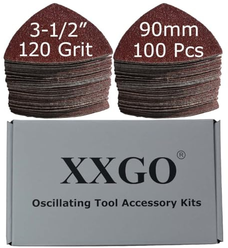 XXGO 100 Pcs 120 Grits 3-1/2 Inch 90mm Triangular Hook & Loop Multitool Sandpaper for Wood Sanding Fit 3.5 Inch Oscillating Multi Tool Sanding Pad XG9020120U