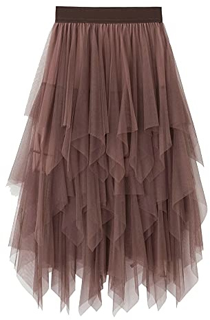 YILEEGOO Gonna da donna in tulle, a vita alta, a strati, a strati, per balletto, ballo di fine anno, festa, tutù, gonna midi a trapezio, Marrone, Taglia unica
