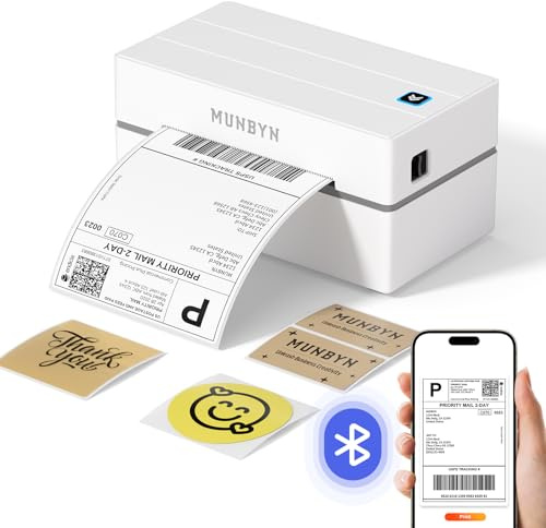 MUNBYN Shipping Label Printer Bluetooth, Postage Thermal Label Printer 4x6 for Business, Compatible with Etsy, Shopify, eBay, Amazon, Royal Mail, DHL, DPD, Evri, with 25 Labels, 130B, White